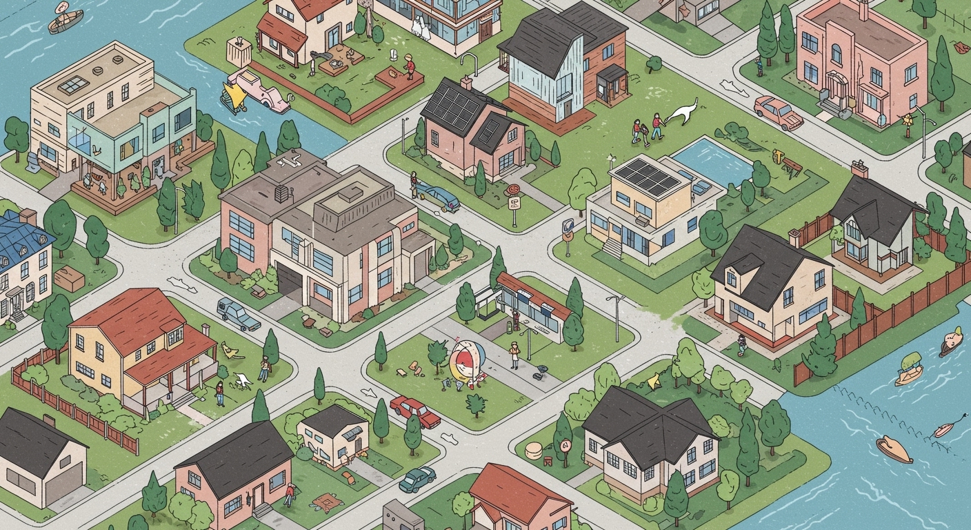 Modern illustration representing real estate market trends 2026 with homes, neighborhoods, and shifting buyer activity