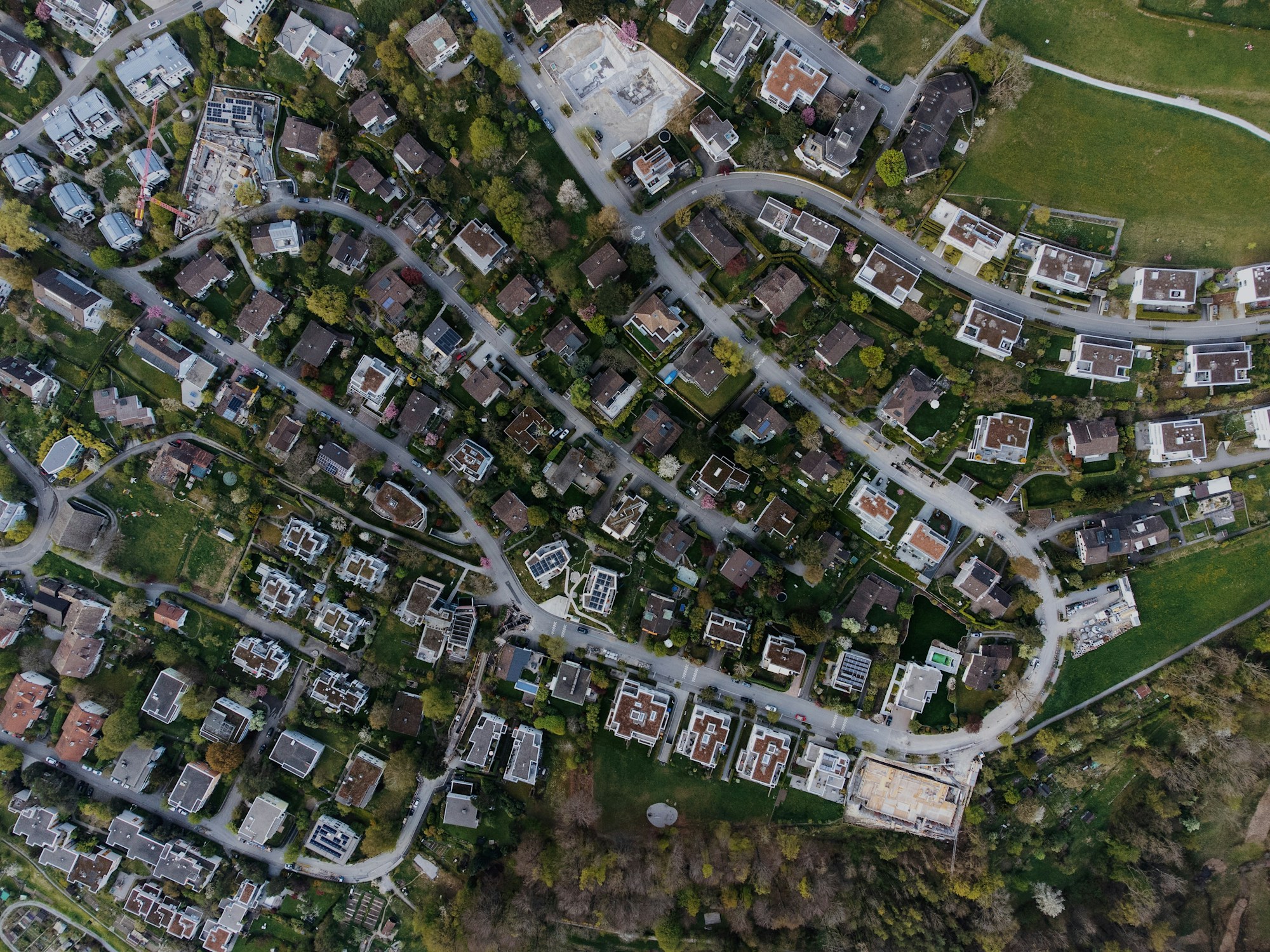 Aerial view of suburban housing demand increased by the remote work impact on real estate