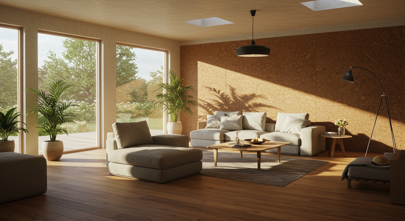 Interior view of a living room with eco-conscious materials showcasing Sustainable Housing Trends in contemporary homes.