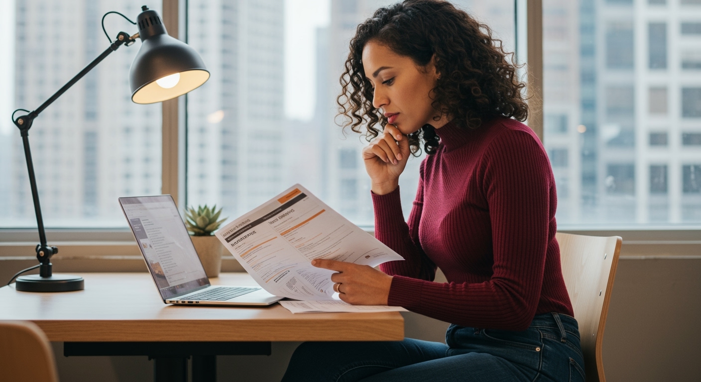 Woman studying for New York insurance license exam with laptop and textbook