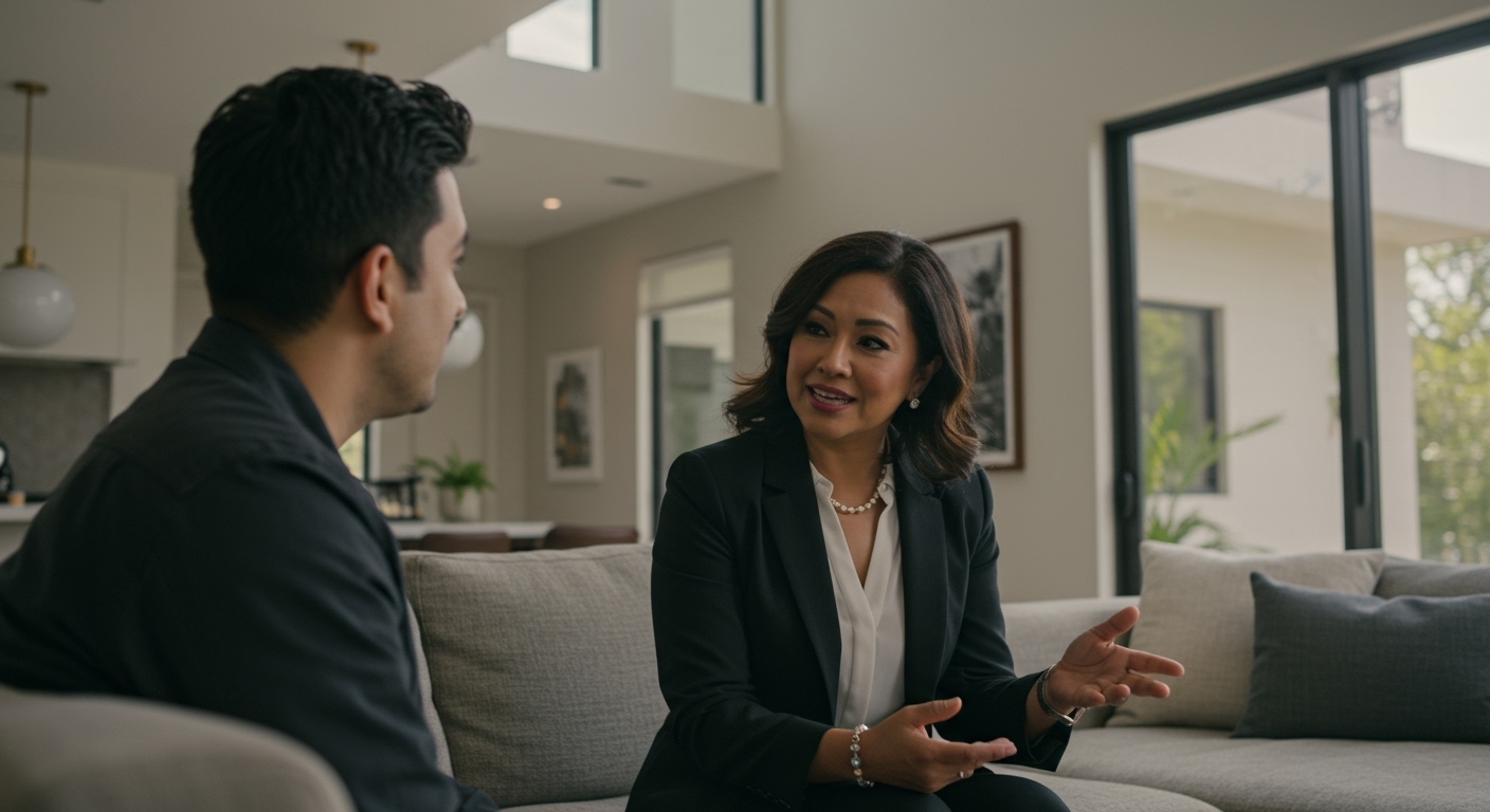 Real estate agent explaining Pocket Listing benefits to a client in a modern home