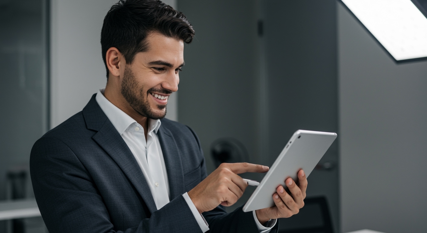 Real estate agent reviewing a pocket listing on a tablet before marketing a home for sale.